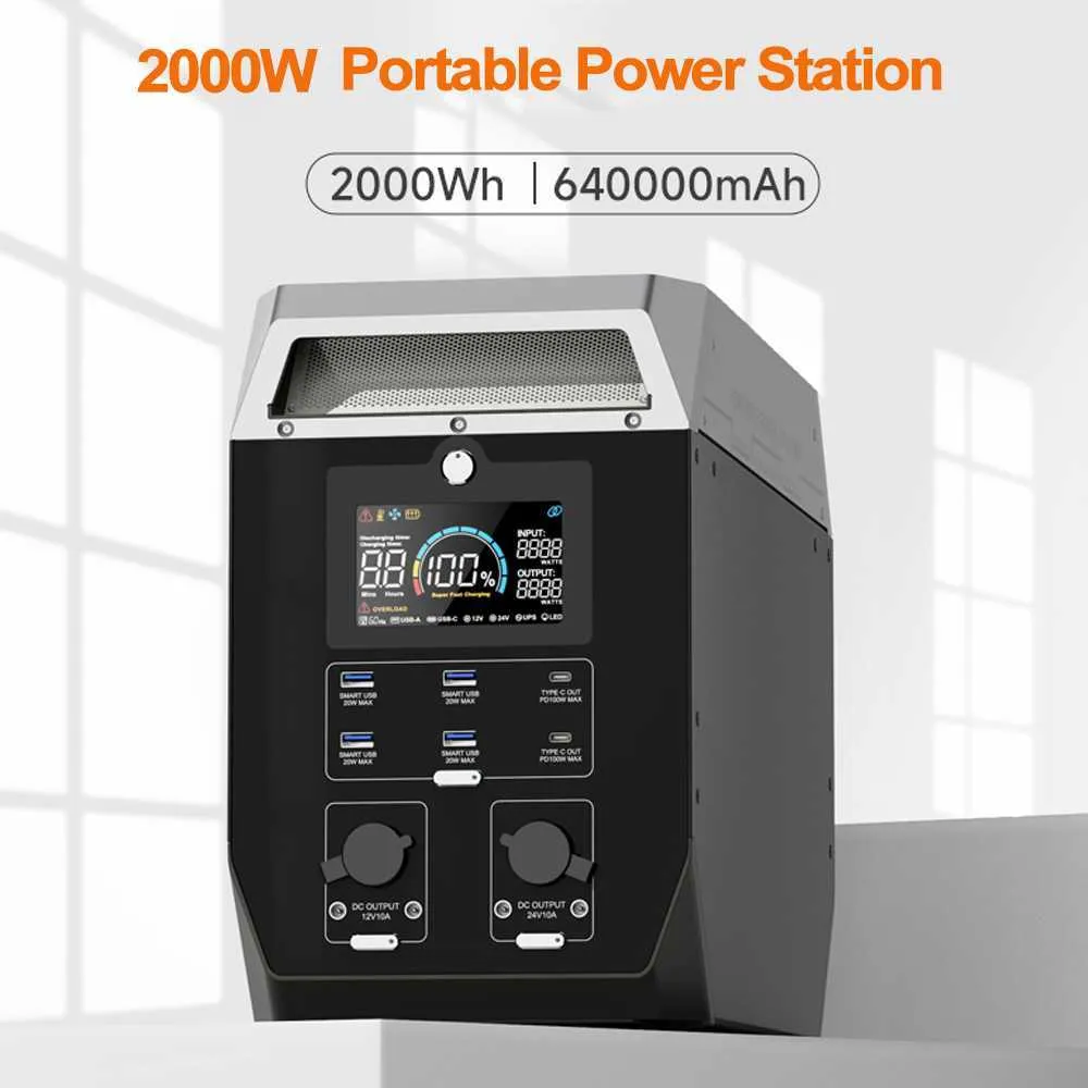2000W Taşınabilir Power Staion 2000WH Lifepo4 Pil Yedekleme 640000mAH Güneş Jeneratörü 110V/220V Kamp için Saf Sinüs Dalga Pili