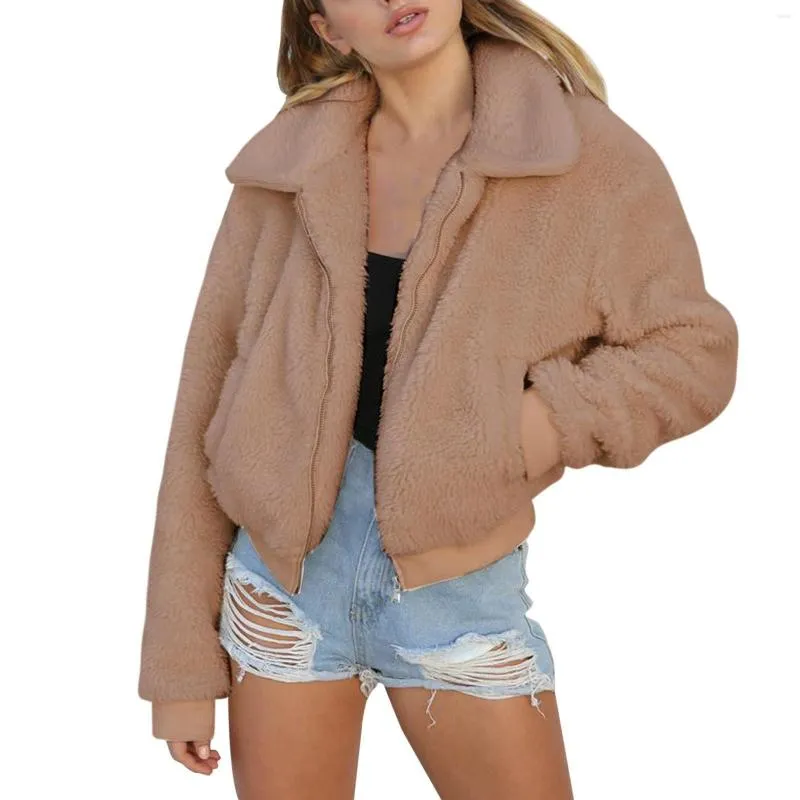 Women's Jackets Athletic Works Women Coat Long Sleeve Clothing Fleece Solid Colors Fluffy Short Jacket