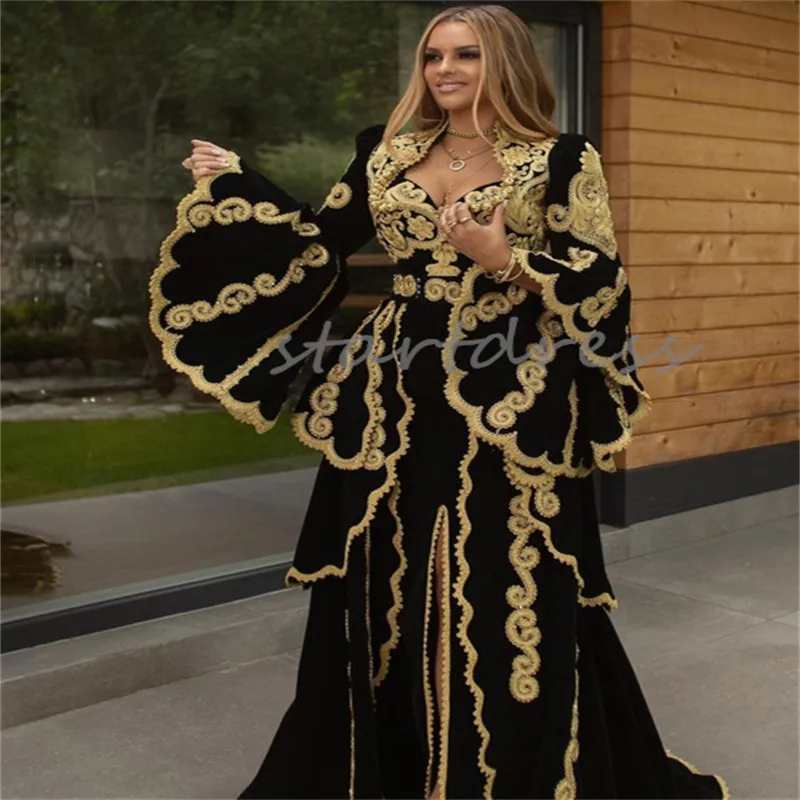 Traditional Kosovo Black Evening Dress 2024 With Gold Appliques Long Sleeve Moroccan Kaftan Saudi Arabic Prom Dress Elegant Turkish Formal Robe De Mariage 2024