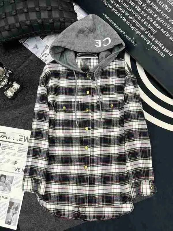 Women's Blouses & Shirts designer Autumn and Winter New CE Casual Style Contrast Hooded Plaid Silhouette Fashion Age Reducing Shirt Coat A13C