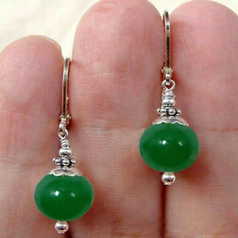 Boucles d'oreilles pendantes en argent 925, perles rondes en jadéite verte naturelle de 12mm, clou d'oreille de pâques, année d'eau douce, cadeau de carnaval de noël