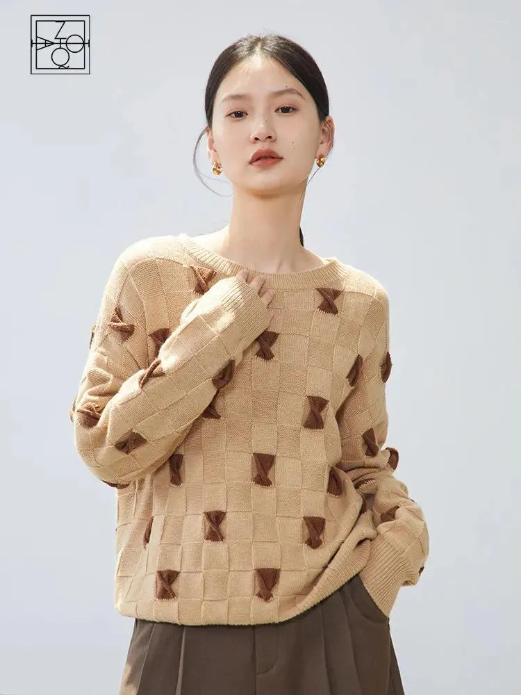 Women's Sweaters ZIQIAO Women Bow Knot Design Light Brown Loose Sweater 30.3% Wool Pullovers Korean Style Round Neck Sweet Pullover