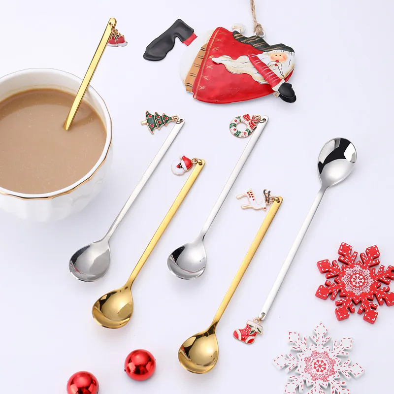 Stainless Steel Cutlery Set 6pcs/set Christmas Children's Gift Box with Xmas Pendant Dessert Fruit Forks Coffee Spoon Q718