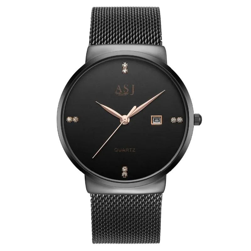 Montres-bracelets 2023 ASJ montres pour hommes montre d'affaires noir montre-bracelet à Quartz étanche en acier bracelet milanais calendrier horloge mince