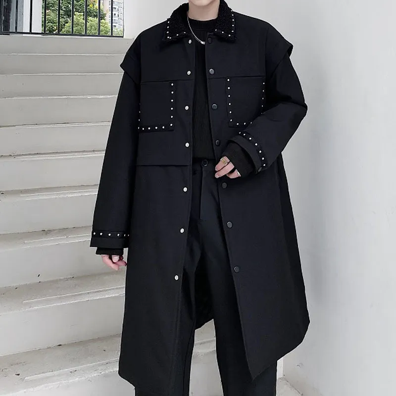 Men's Trench Coats Winter Thicken Trenchcoat Men Rivet Cotton Padded Long Coat Outerwear Male Streetwear Fashion Casual Black Warm Jacket Overcoat 230413