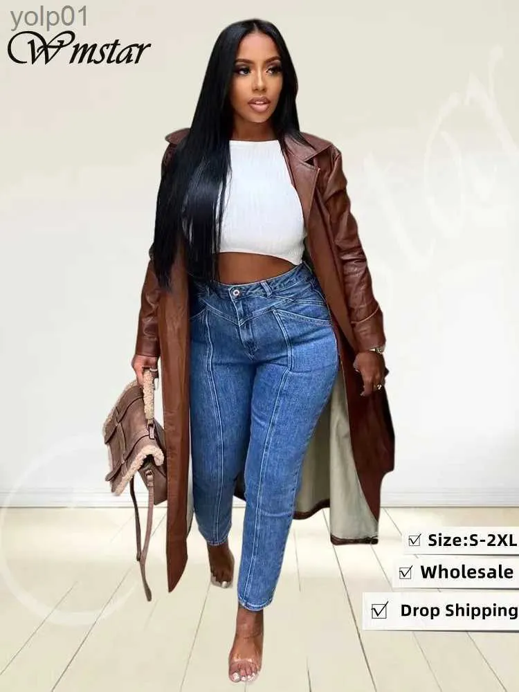 Women's Trench Coats Wmstar Women Clothing PU Coat Trench Jacket Fashion Street Outwear with Belt Pockets Long Style Tops Wholesale Dropshipping 2022L231113