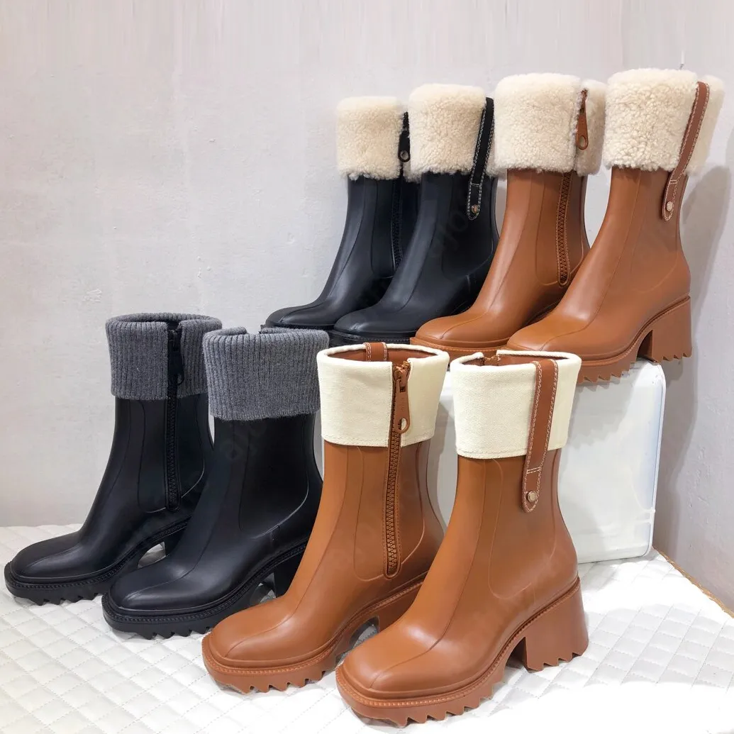 Betty Woody Boots Women Botas de chuva BOTAS COMPLETAS COMPLETAS COMPLETAS DE PVC PVC Borda de borracha Alta Alta de joelho Botas de plataforma preta à prova d'água Sapatos de neve ao ar livre