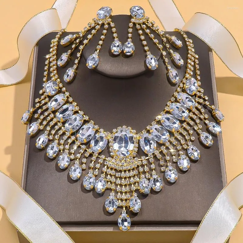 Conjunto de collar y pendientes Stonefans, joyería redonda con borlas de cristal, accesorios de boda para mujer, diamantes de imitación llamativos y regalos nupciales