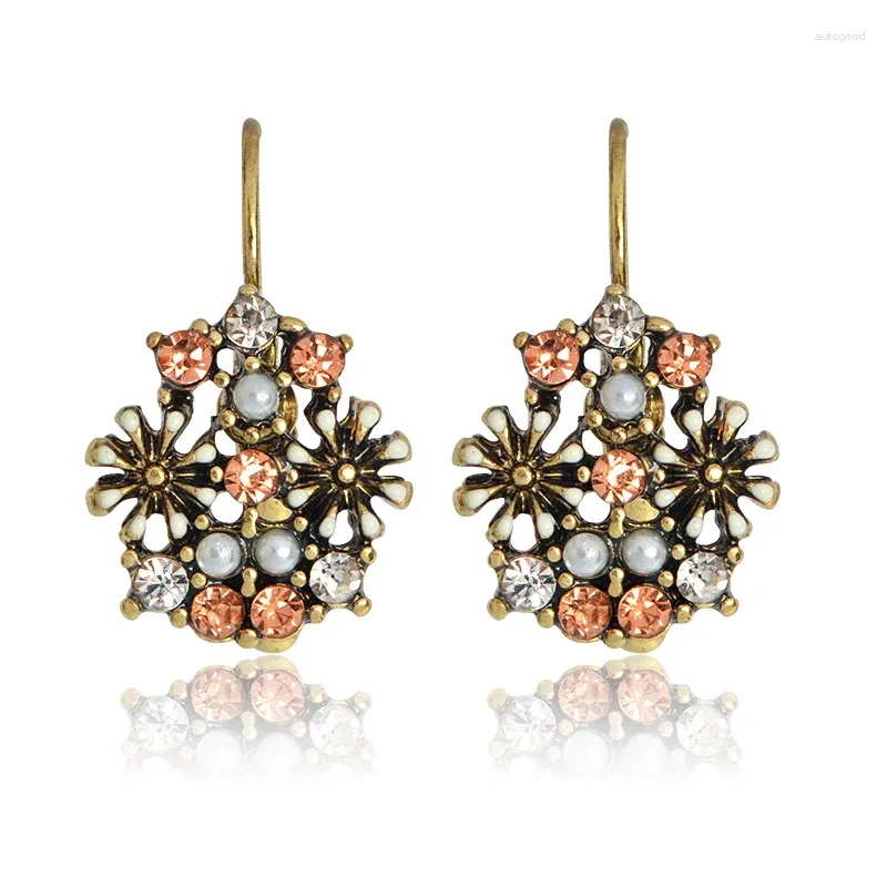 Pendientes colgantes con incrustaciones de piedras de colores y flores en perlas, minijoyas lindas de cristal