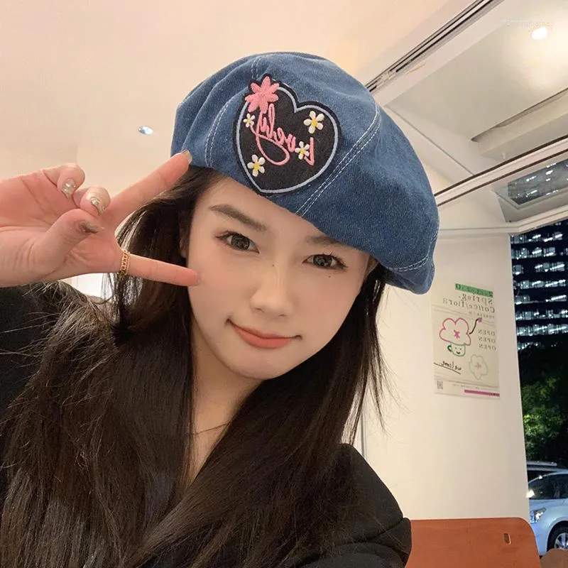 Basker 2023 Sweet Denim Beret Hatts for Women Spring and Summer Thin Japanese Sweet Sticker Painter Cap Korean Version Fashion Fashion