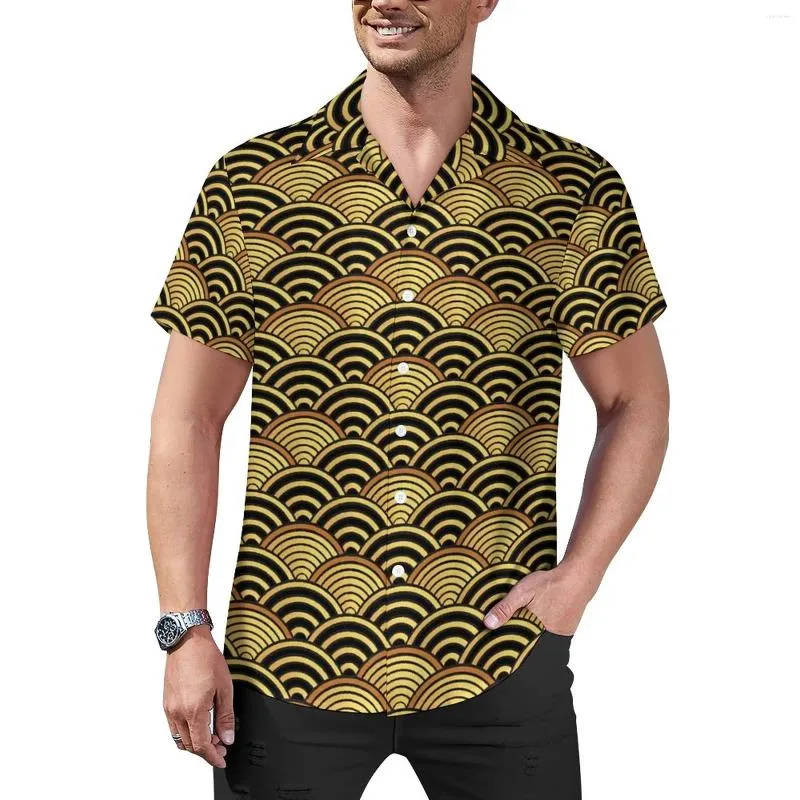 Camicie casual da uomo Camicia da spiaggia a onde giapponesi Oro Seigaiha Camicette da uomo hawaiane moda modello manica corta Abbigliamento di grandi dimensioni