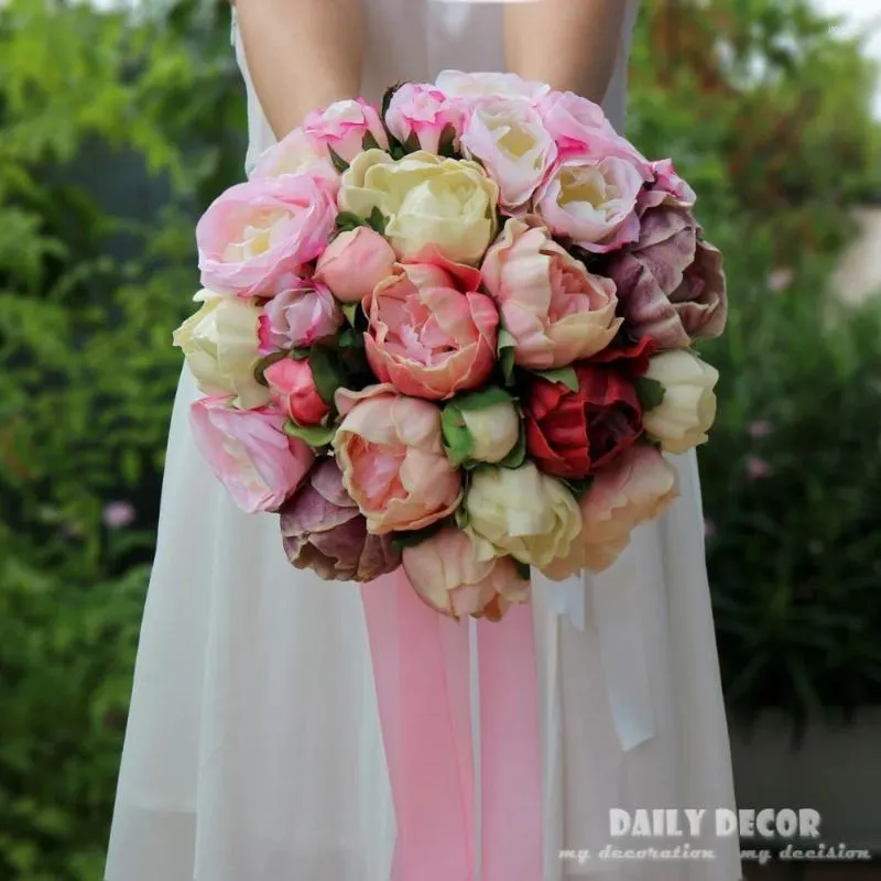 Decorative Flowers PU Peony Artificial Flower Wedding Bouquet Bridesmaid Holding For Bridal De Noiva Mariage Pink
