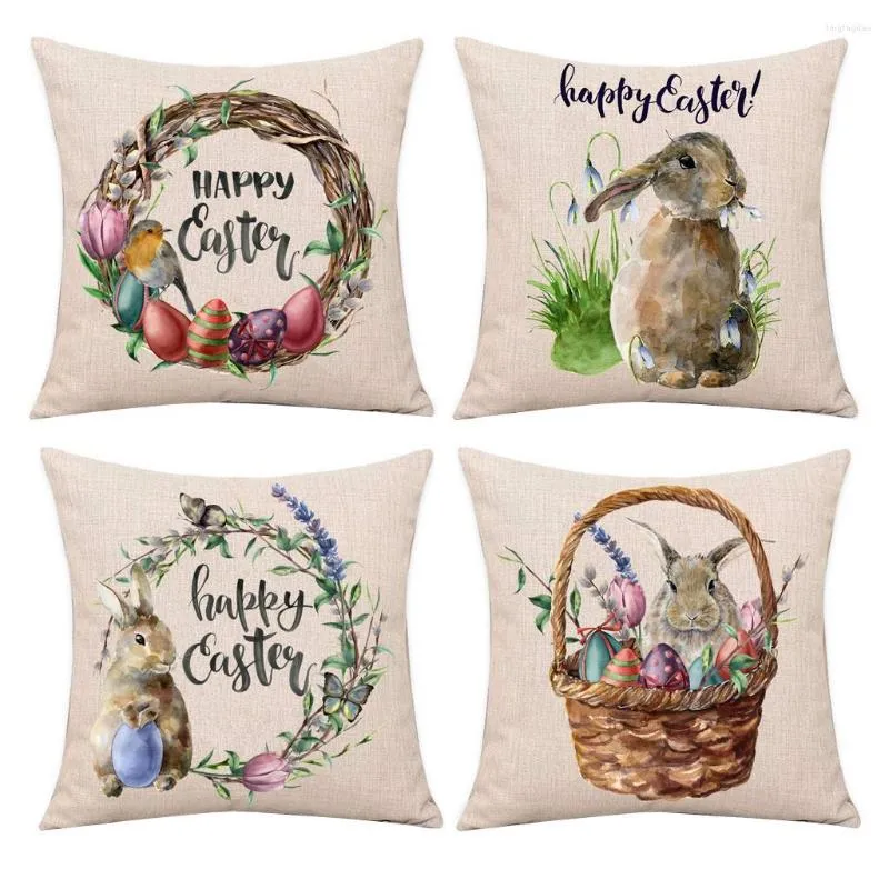 Pillow 2023 Happy Easter Words Pillows Cover Wreath Printed Throw Pillowcase For Home Decorations