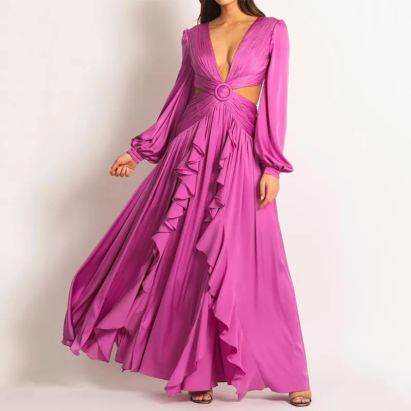 Casual Dresses Ellafads Woman Dress High Waist Vneck Womens Dress Pleated Solid Color Ruffled Dress Dresses For Women 230413