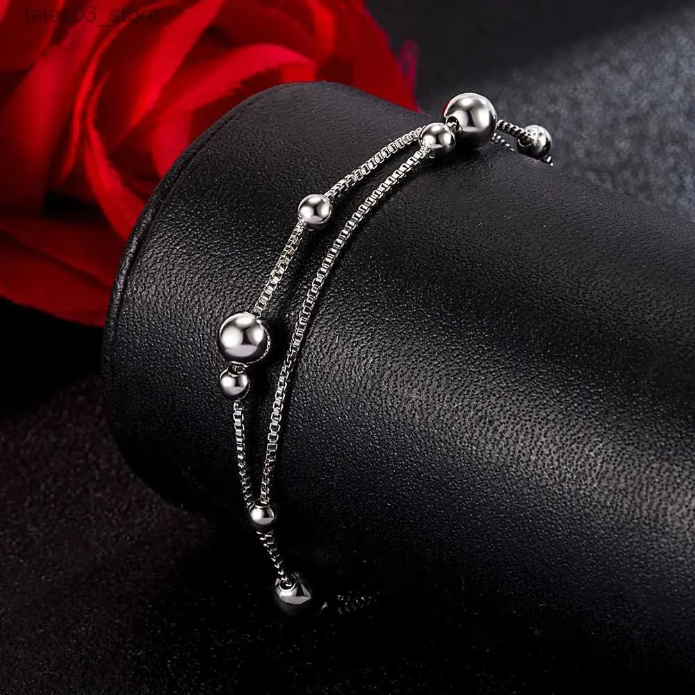 Anklets Bouble Thread Box Bell Silver S925 Beaded Ladies Anklet Simple Style Beaded Beach Jewelry Birthday Christmas Gift for Ladies Q231113