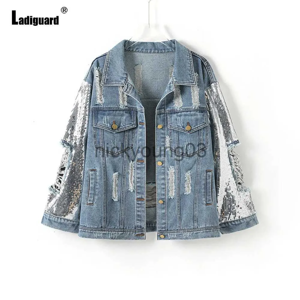 Vestes Femmes Femmes Sexy Ripped Denim Veste Creux Out Paillettes Demin Vestes Vaqueros Mujer 2021 Simple Boutonnage Top Manteaux Jean Manteaux J231113