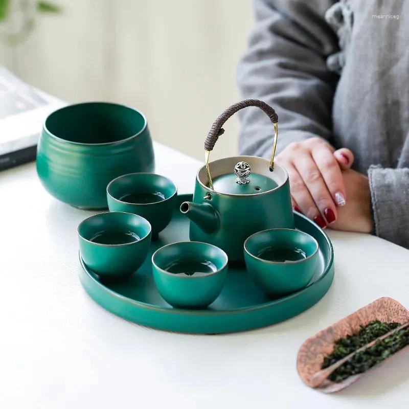 Juegos de té de estilo japonés, una olla con cuatro tazas, juego de té con viga, tetera de cerámica, bandeja de té completa con caja de regalo