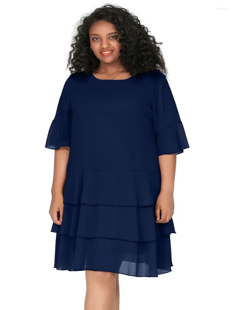 Платья больших размеров, элегантное летнее повседневное вечернее платье с коротким рукавом, женское темно-синее многоуровневое трапециевидное платье с большим круглым вырезом в стиле бохо 7XL 8XL