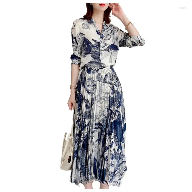 カジュアルドレス女性春の夏のロングドレス2023ラージサイズブルーホワイト磁器印刷スリムスリーブ