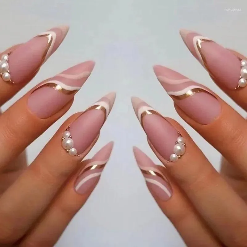 Faux ongles 24 pièces rose et blanc bordé de perles, patchs d'ongles portables, vente en gros, fausse presse sur l'art pour jolie fille