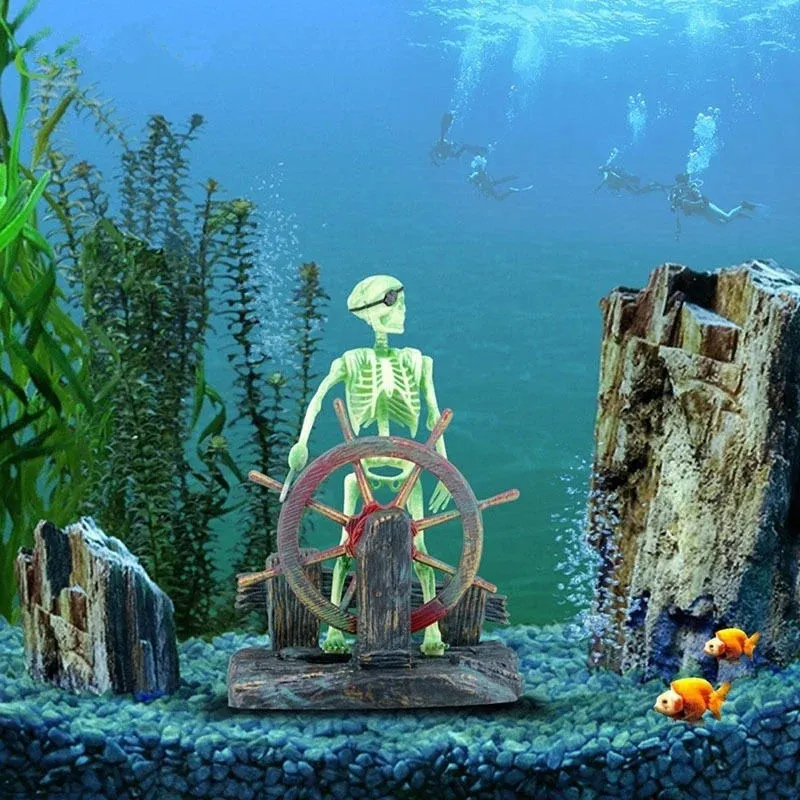 Decorazioni Capitano pirata Acquario Ornamento artificiale Paesaggio Scheletro su ruota Action Figure Decorazioni per acquario 231113
