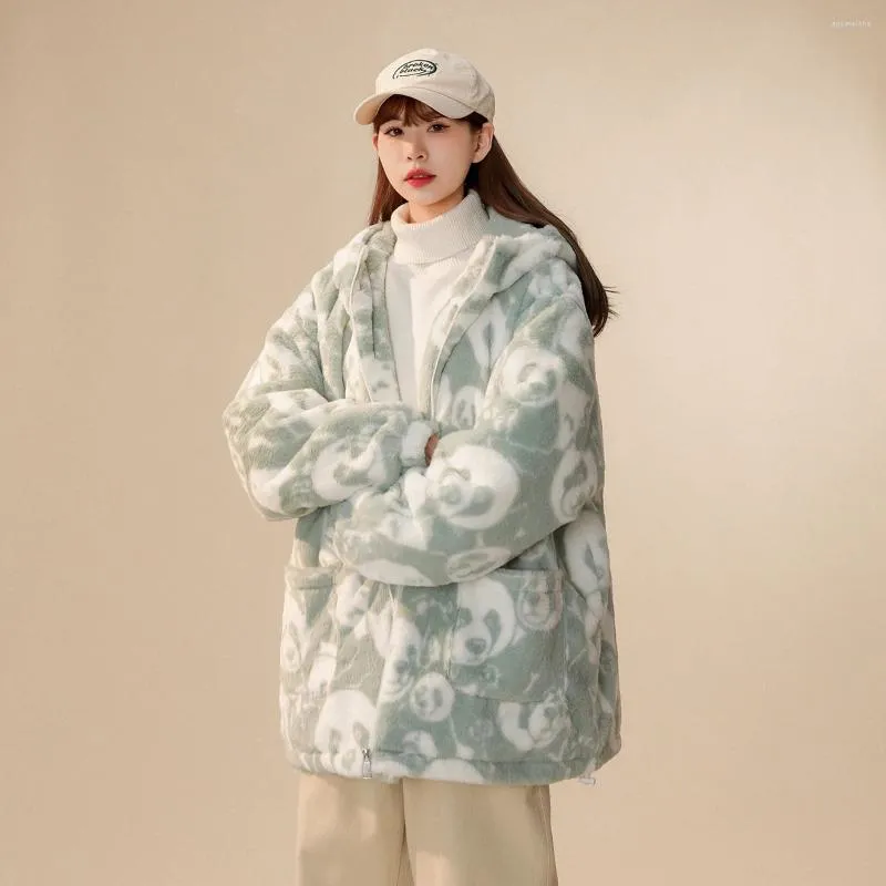 Jaquetas femininas Panda padrão lã de cordeiro com capuz casaco de lã oversized casual escritório senhoras coreano engrossado zip up hoodies roupas kawaii