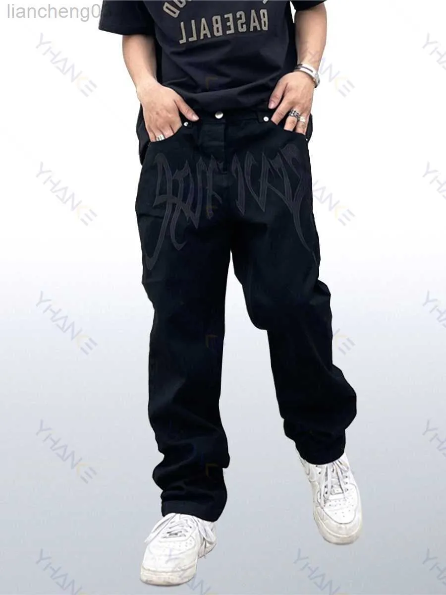 Jeans da uomo Four Seasons Y2K Emo Uomo Moda Black Street Ricamo Jeans larghi a taglio basso Pantaloni dritti Jeans Hip Hop Pantaloni da uomo Abbigliamento Uomo W0413