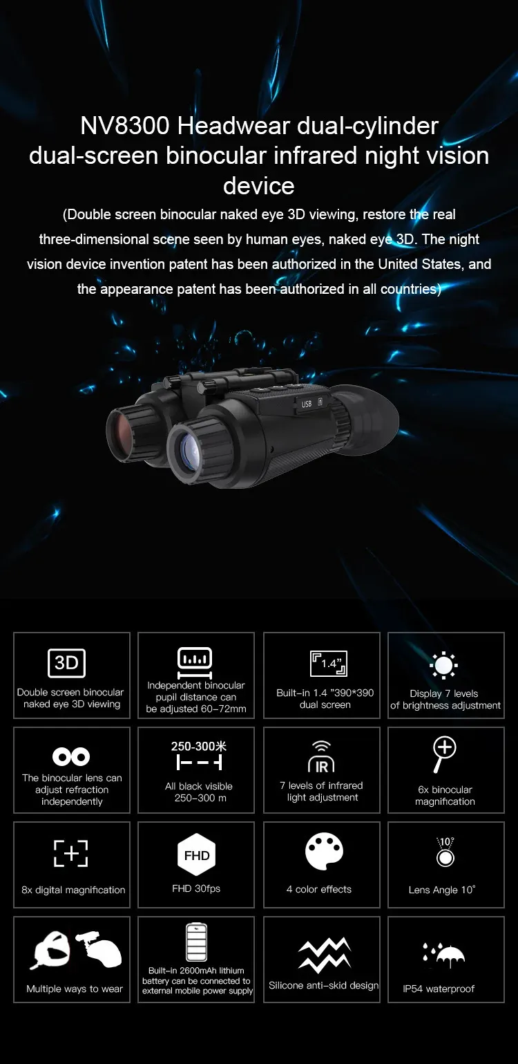 Visore Notturno Binoculare NV8300 4K UHD 36MP – Zoom Digitale 8X, Infrarossi 7 Livelli, 300m Di Portata, Con Scheda TF 64GB
