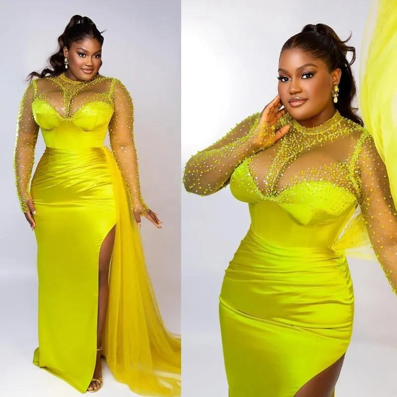 Plus Size Aso Ebi Zeemeermin Galajurken Sexy Mint Lang Kralen Tule Mouwen Afrikaanse Zwarte Meisjes Glitter Ruches Kraal Avondjurken Robe De Bal Zijsplit