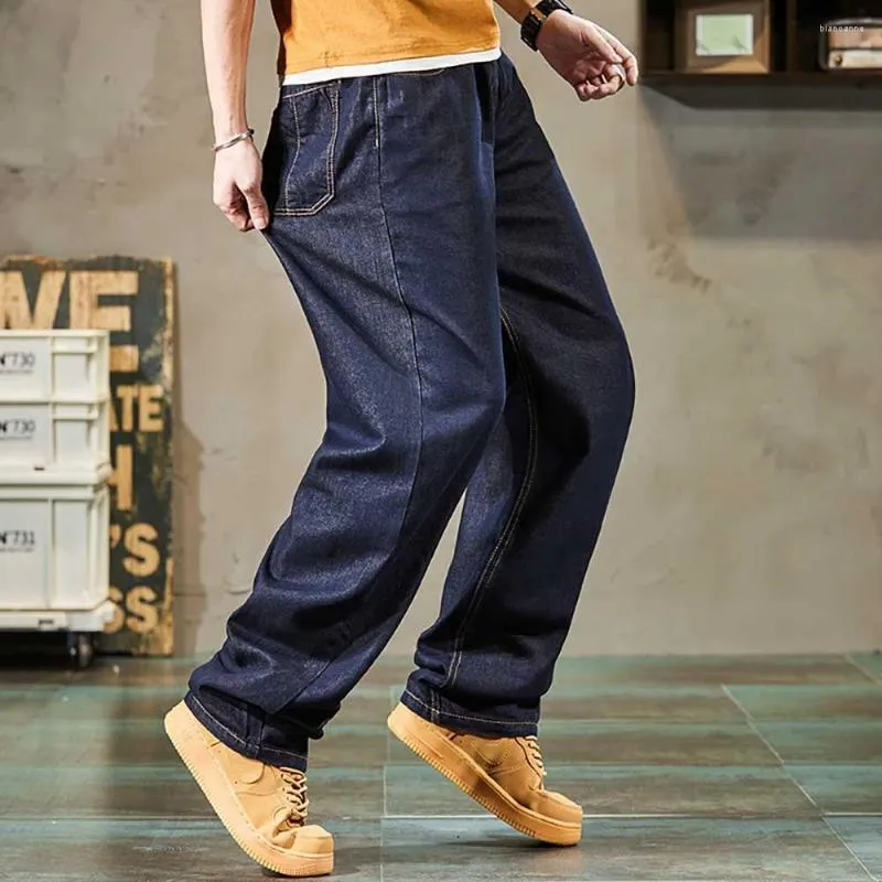 Herr jeans klassisk mörkblå plus storlek män avslappnade raka byxor lösa baggy denim pants streetwear hiphop vår sommarkläder