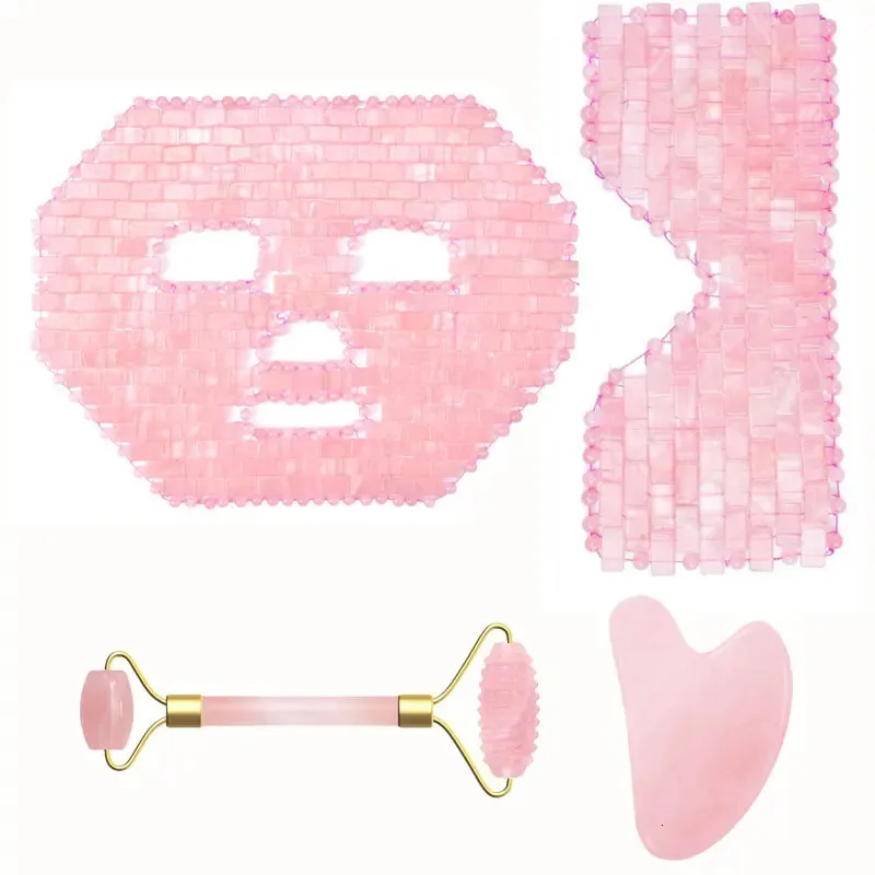 Dispositivos de cuidado de la cara Rose Quartz Jade Mask Masker Masaje Guasha Board Gouache Rasper Natural Stone Cold Terapy Massager 231113