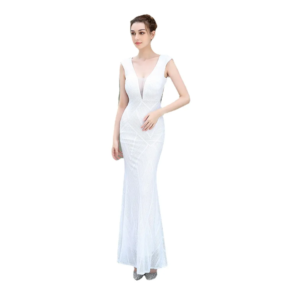 PLUE S IZE SEXY V Neck Backless paljett Evening Dress New Women Party White Beads Maxi Dress