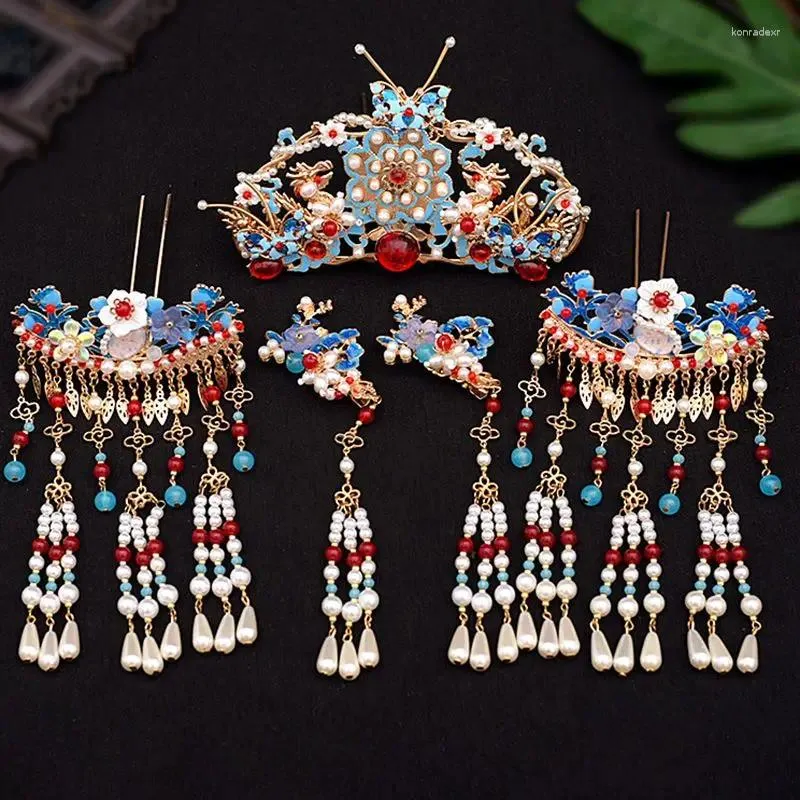 Ensemble de boucles d'oreilles et collier, accessoires de cheveux cloisonnés de luxe pour femmes, bijoux de mariée Hanfu chinois