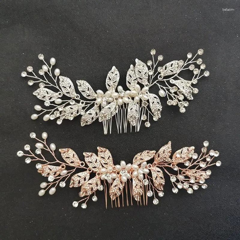 Fermagli per capelli SLBRIDAL Fatti a mano in lega di cristallo Strass Fiore Foglia Pettine da sposa Accessori da sposa Donna Gioielli da damigella d'onore