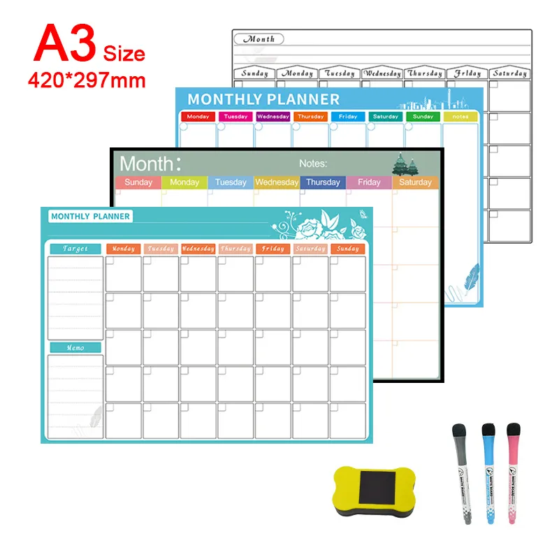 Whiteboards A3 Size Magnetic Monthly Weekly Planner Calender Kylskåp Markörer Whiteboard Kylskåp Magnet Daily Memo To Do List 230412