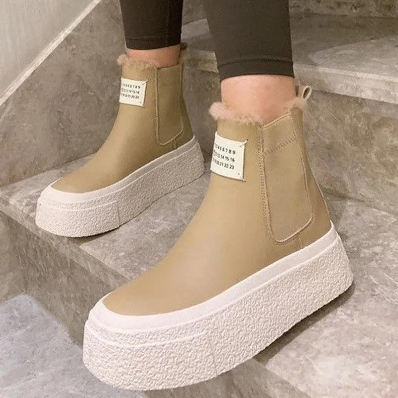 Botas moda plataforma tornozelo mulheres botas de inverno chelsea apartamentos dedo do pé redondo luxo casual femme esporte pelúcia quente mujer 231113