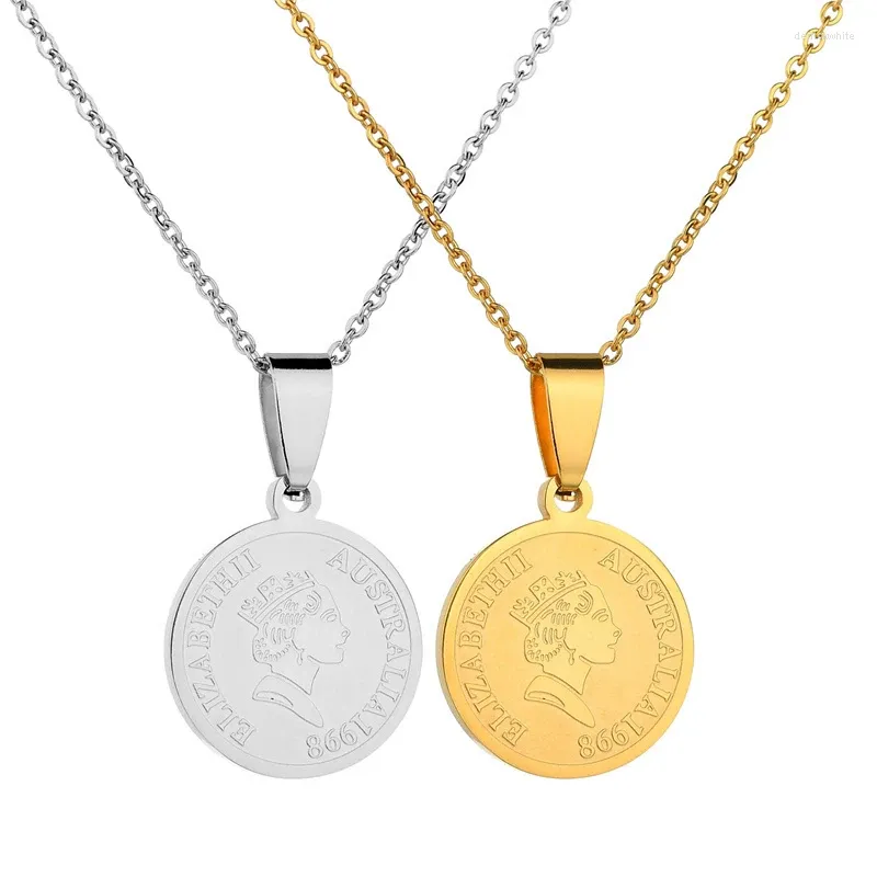 Colares Pingente Bxzyrt Lettering Elizabeth Aço Inoxidável Medalhas Redondas Colar Para Mulheres Camisola Cadeia Ouro / Prata Cor Gargantilha