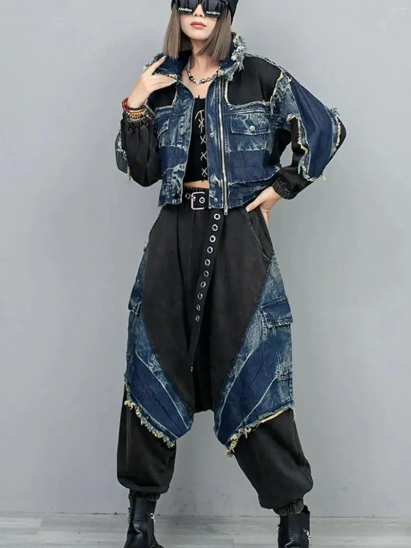 Damen Zweiteilige Hosen Streetwear Persönlichkeit Distressed Color-Block Denim Mode Anzug Kurze Einreiher Jacke Harem Zweiteiliges Set