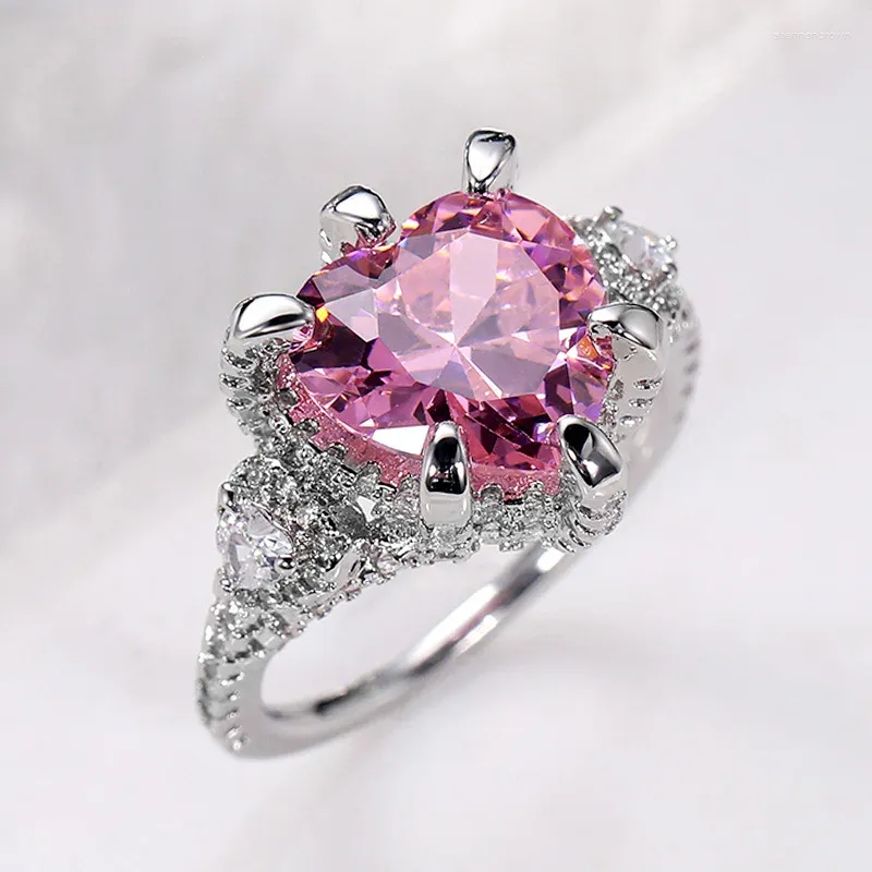 Anéis de casamento em forma de coração simulação rosa anel de zircão feminino para proposta de casamento luxo