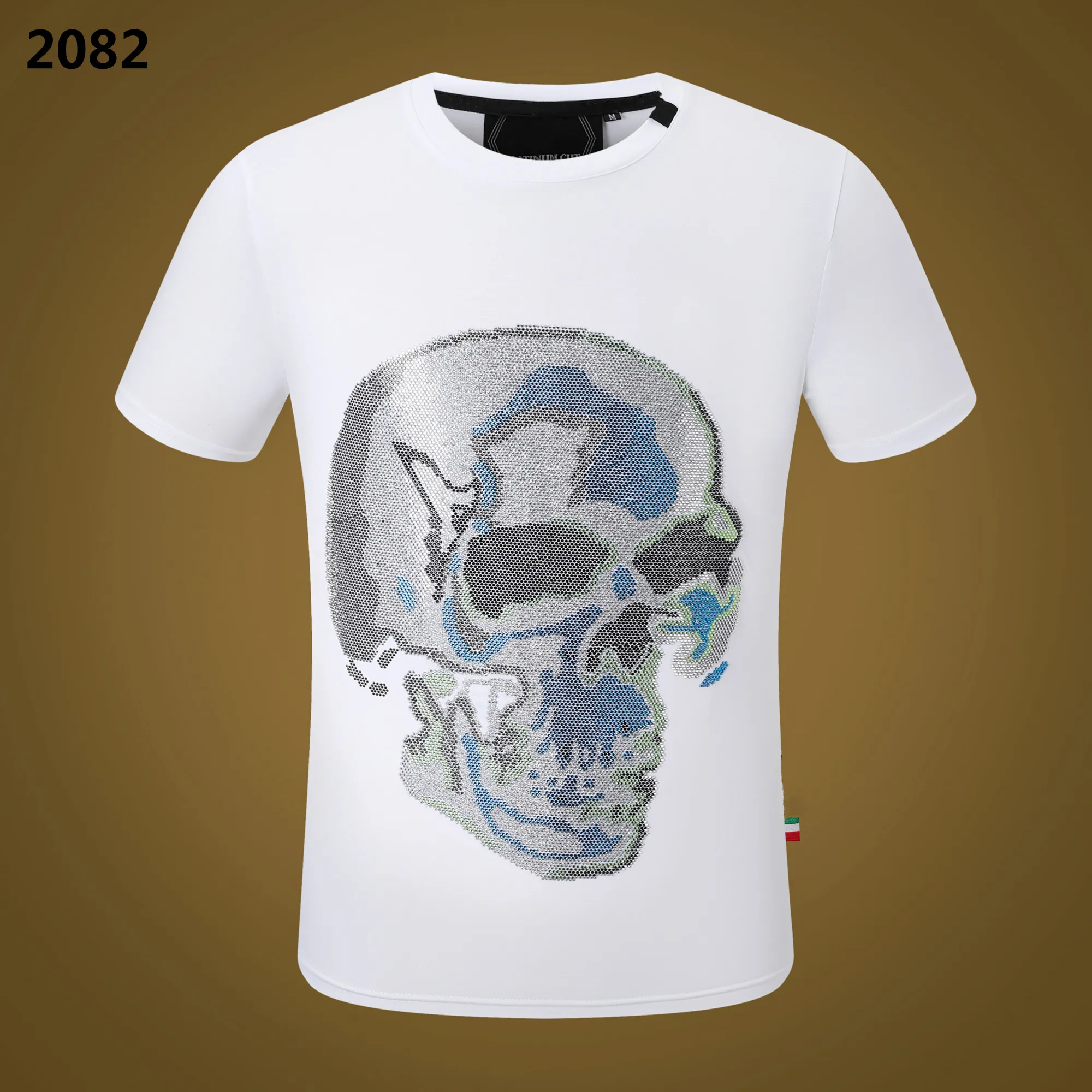 PP Fashion Men s Designer slim fit T shirt Summer rhinestone Short Sleeve Round Neck shirt tee Skulls Print Tops Streetwear collar Polos M xxxL P2082