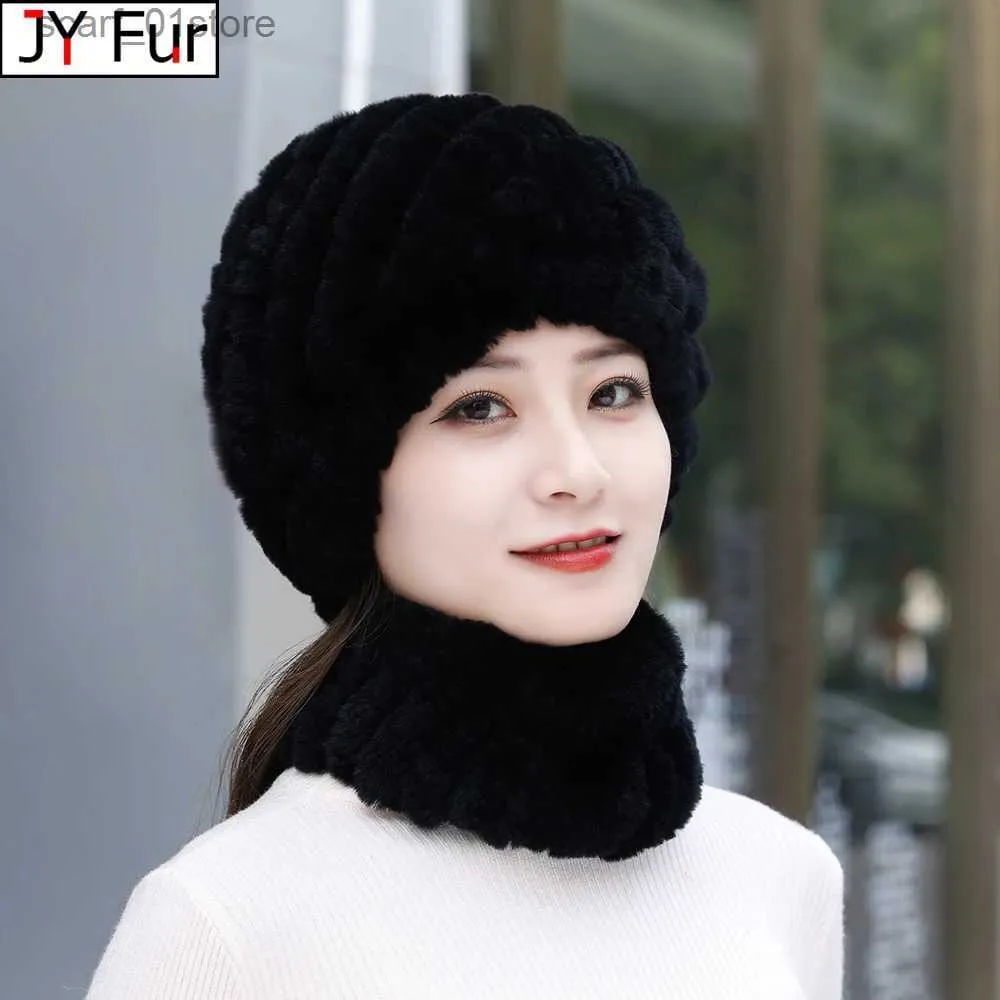 Hats Scarves Sets New Women Real Rex Rabbit Fur Hat Scarf Sets Natural Warm Rex Rabbit Fur Scarves Hat Winter La Real Rex Rabbit Fur Hat ScarfL231113