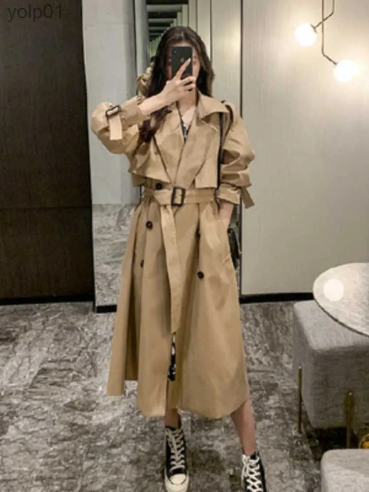 Mulheres Trench Coats Lapela Mulheres Trench Coat Topcoat Double-breasted Casaco Casual Cor Pura Outono Inverno Overgarment Cintura Windbreak JacketL231113