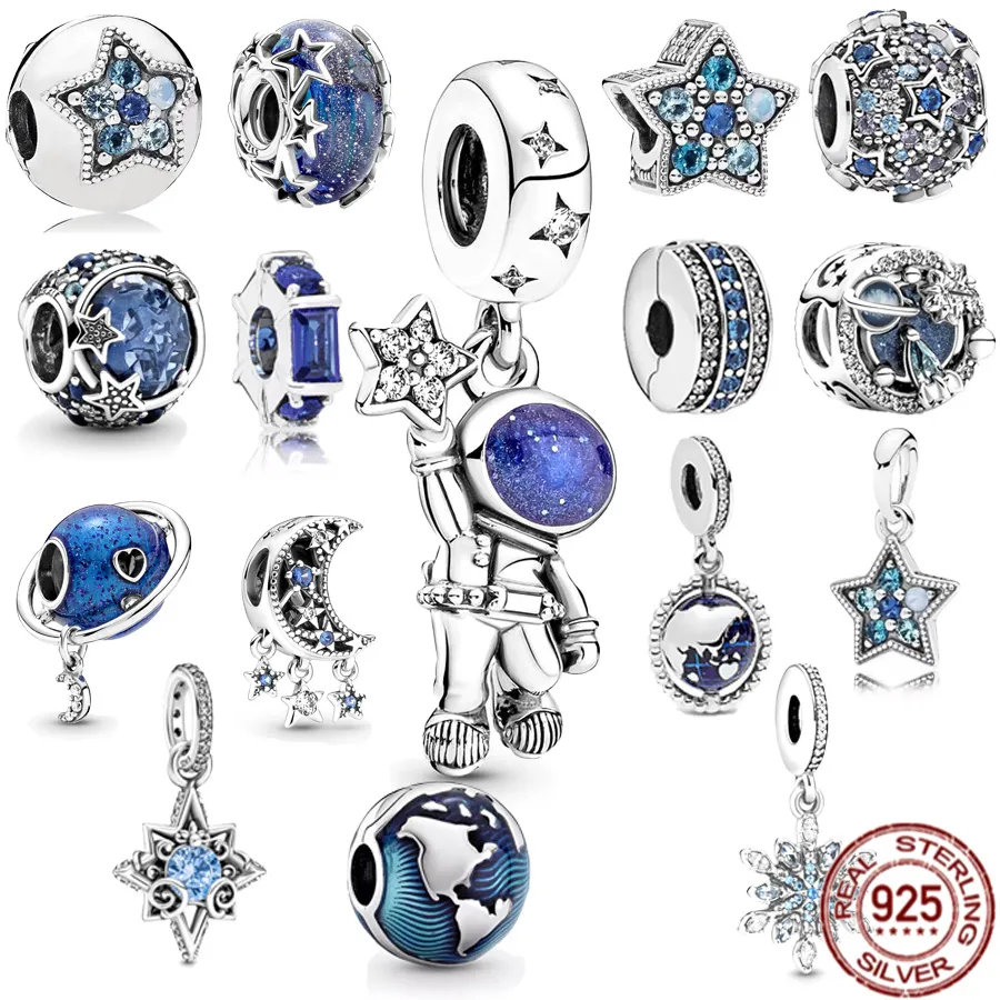 925 Sterling Silver Pandora charme azul astronauta Galáxia As bolas de estrela são adequadas para colar de pulseira primitiva Ladies