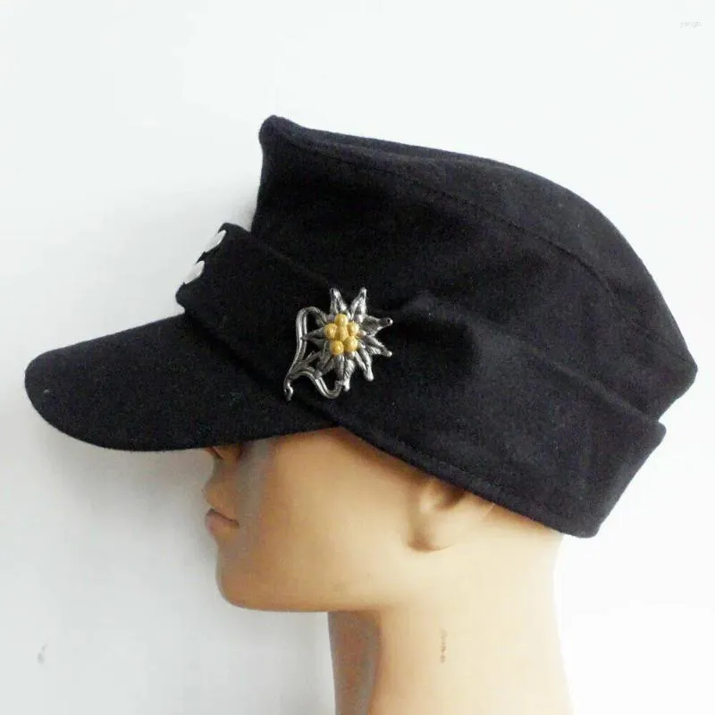 BERETS Militär Repro Black Wool WWII German M43 Panzer Field Cap Hat Edelweiss Badge Pin Full Size