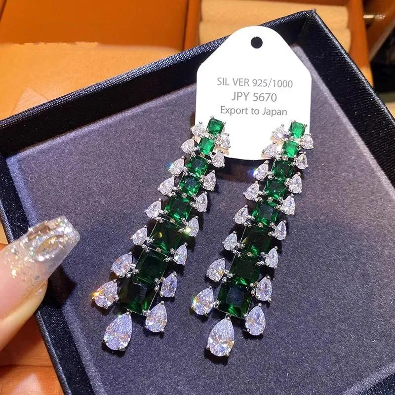 Brincos pendurados com pedras preciosas verdes, joias vintage s925, agulha de prata brilhante, zircônia, acessórios de moda para festa