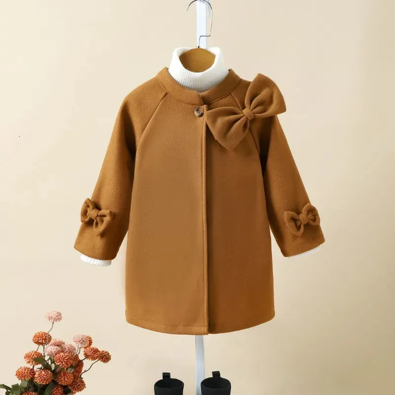 Mantel Baby Mädchen Wolle Kinder Oberbekleidung mit Bowtie Herbst Winter Kleinkind Warme Jacke Kinder verdicken Kleidung Koreanischen Stil 231113