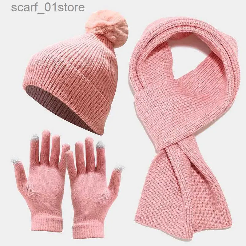 Chapéus cachecóis conjuntos feminino inverno ao ar livre esqui gorro de lã chapéu tela sensível ao toque gs cachecol chapéu de malha bobble conjunto kitl231113