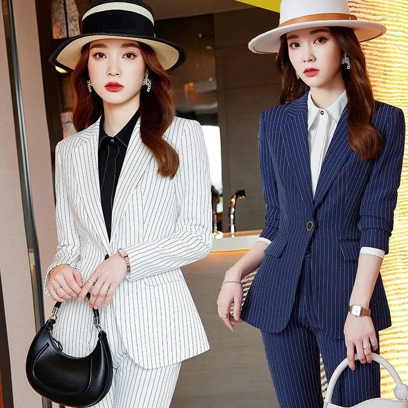 Women's Two Piece Pants Striped Suit Jacket Women's Spring And Autumn Elegant Host El Manager Work Clothes Business Clothing Small