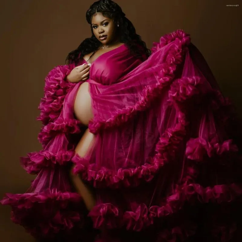 Abiti da festa Flowy Fucsia Abito premaman Poshoot Oggetti di scena Plus Size Manica lunga Volant a strati Abiti Abito maxi in tulle per Baby Shower