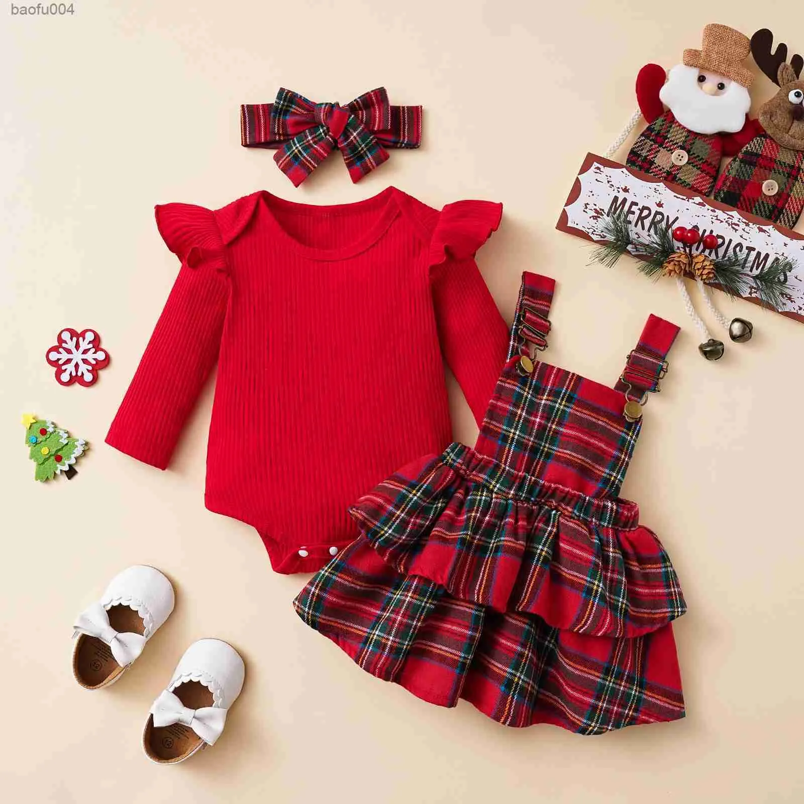 Kledingsets Mooie kerstmeisjeskleding Herfst Winter Babyset Rokken met lange mouwen Hoofdbanden Babypakje